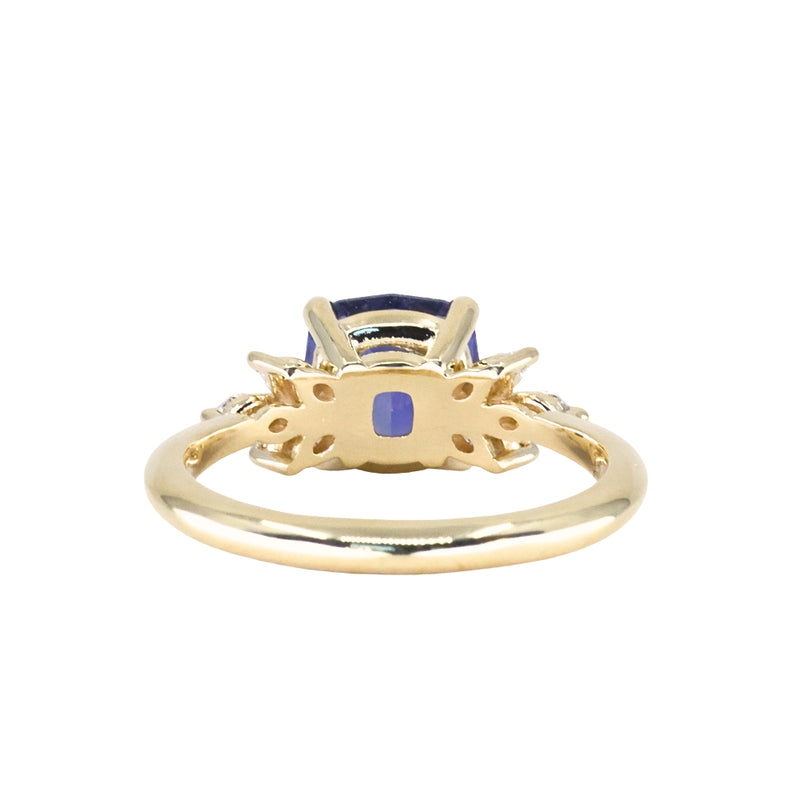 2.73ct Cushion Cut Moyo Sapphire and Marquise Diamond Cluster Ring in 18k Yellow Gold