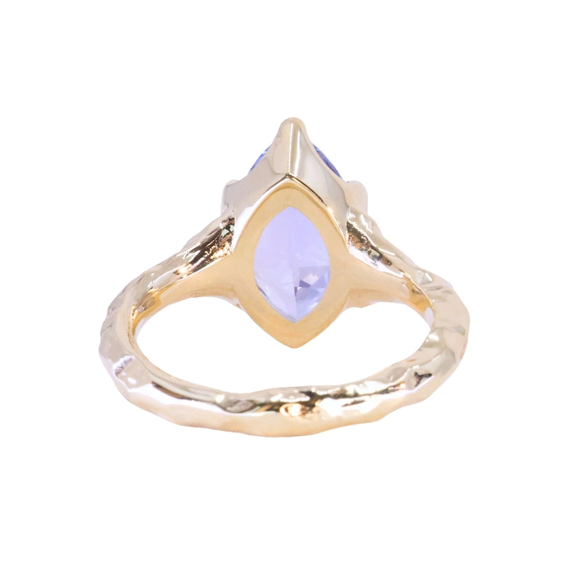3.16ct Unheated Purple Madagascar Marquise Sapphire Evergreen Carved Low Profile 6 Prong Solitaire in 14k Yellow Gold