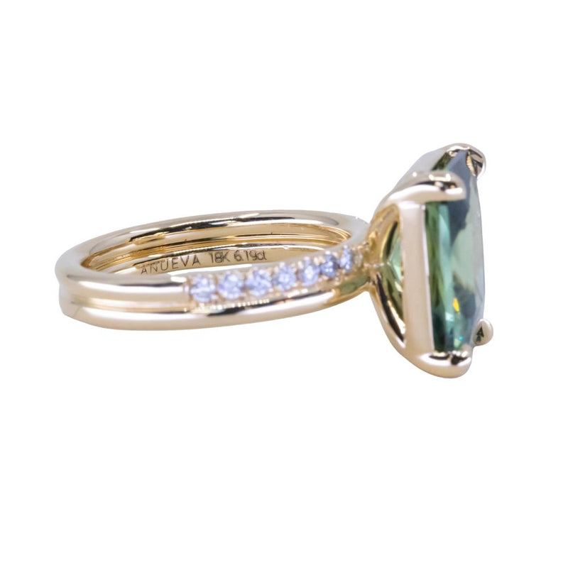 6.19ct Untreated Teal Radiant Cut Sapphire and Double Band 4 Prong Stackable Solitaire in 18k Yellow Gold