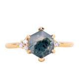 Hexagon Moss Agate Rings with Diamond Side Stones in 14K Yellow & White Gold