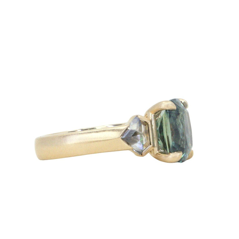 4.86ct Teal Elongated Cushion Sapphire and Salt and Pepper Diamond Three Stone Ring in 14k Yellow