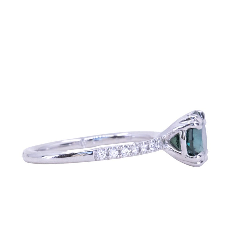 2.04ct Round Teal Sapphire Double Prong Solitaire with French Set Diamonds in Platinum