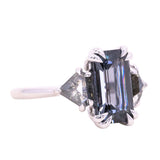 3.16ct Emerald Cut Spinel Three Stone Ring with Rosecut Diamonds in 14k White gold
