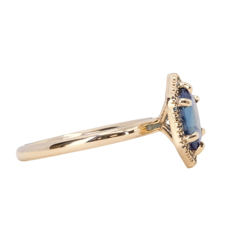 1.57ct Oval Teal Parti Sapphire and Alexandrite Hexagon Stackable Halo in 14k Yellow Gold