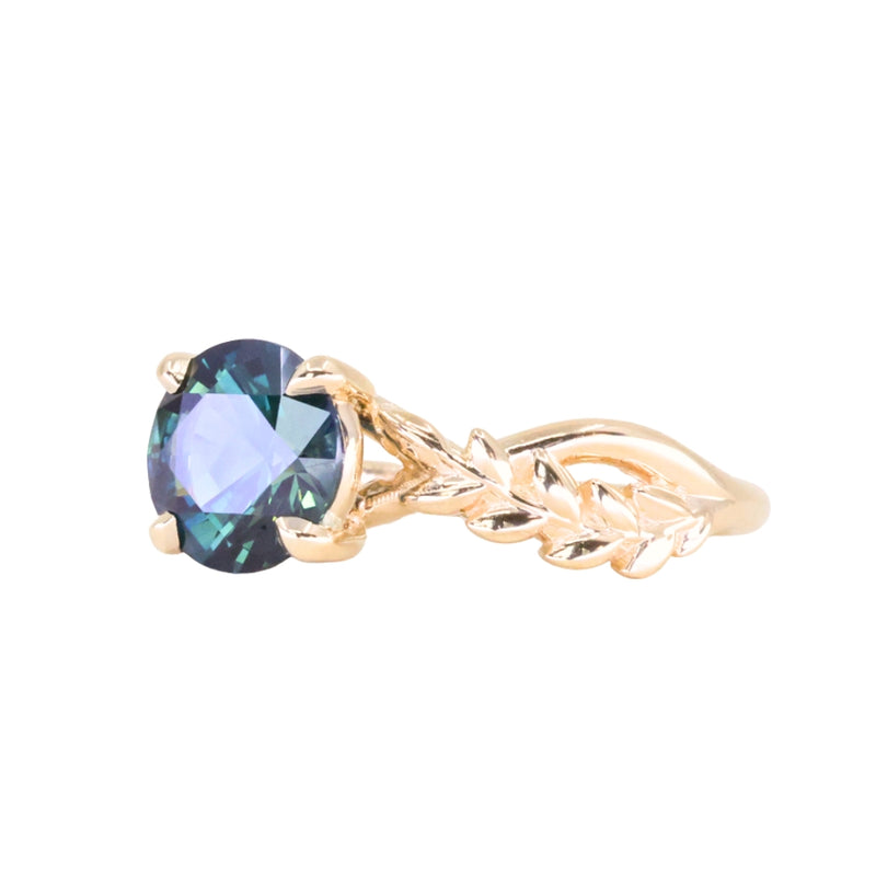 1.98ct Round Untreated Deep Parti Teal Sapphire Twisted Vine Split Shank Solitaire in 14k Yellow Gold with Diamonds