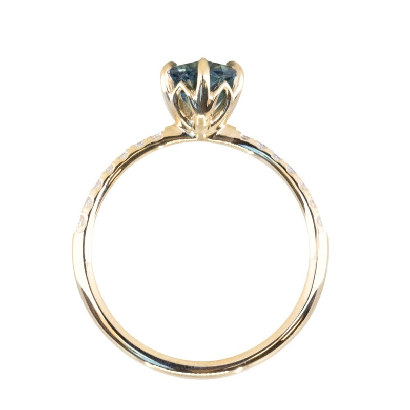 1.30ct Precision Cut Teal Green Radiant Montana Sapphire Lotus Six Prong Solitaire with Diamonds in 18k Yellow Gold