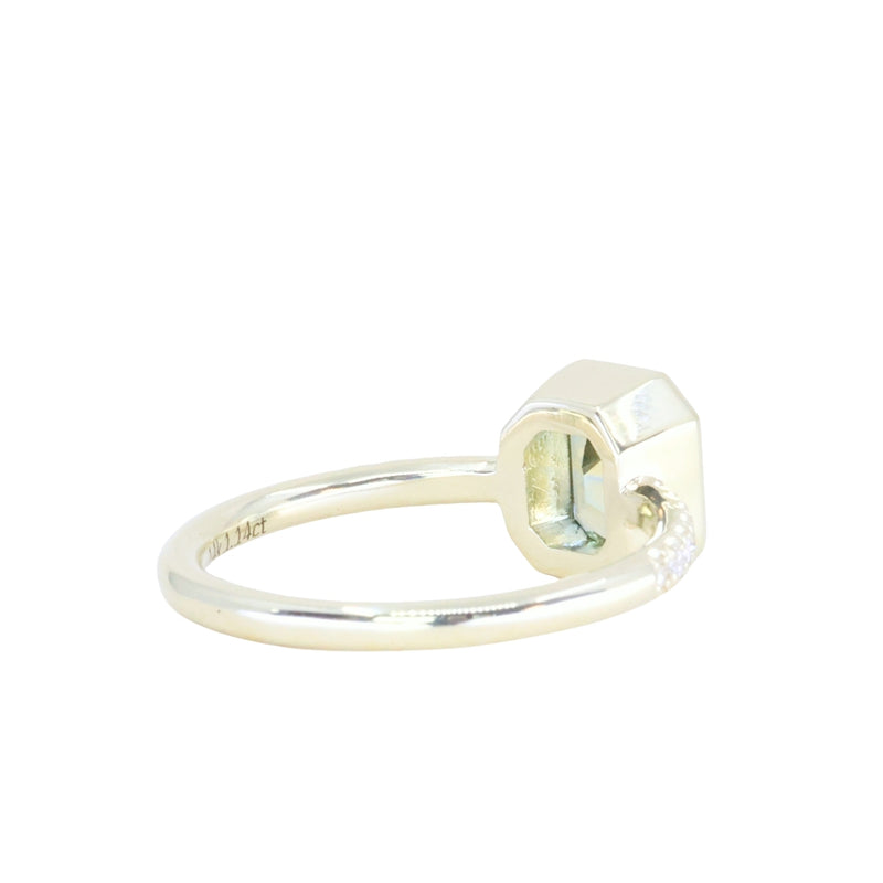 1.14ct Emerald Cut Parti Montana Sapphire Low Profile Bezel Solitaire Ring with Pavé Set Diamonds in 14k Green Gold