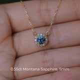 Dainty 14k Yellow Gold Montana Sapphire and Diamond Halo Necklaces