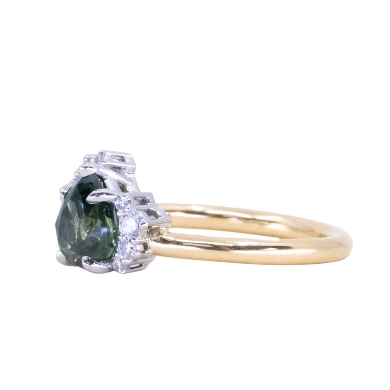 1.57ct Pear Deep Teal Green-Blue Sapphire and Diamond Asymmetrical Cluster Ring in Two Tone 18k Yellow and Platinum