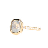 2.10ct Untreated Opalescent Radiant Cut Sapphire Low Profile Bezel Solitaire Ring with Pavé Set Diamonds in 14k Yellow Gold