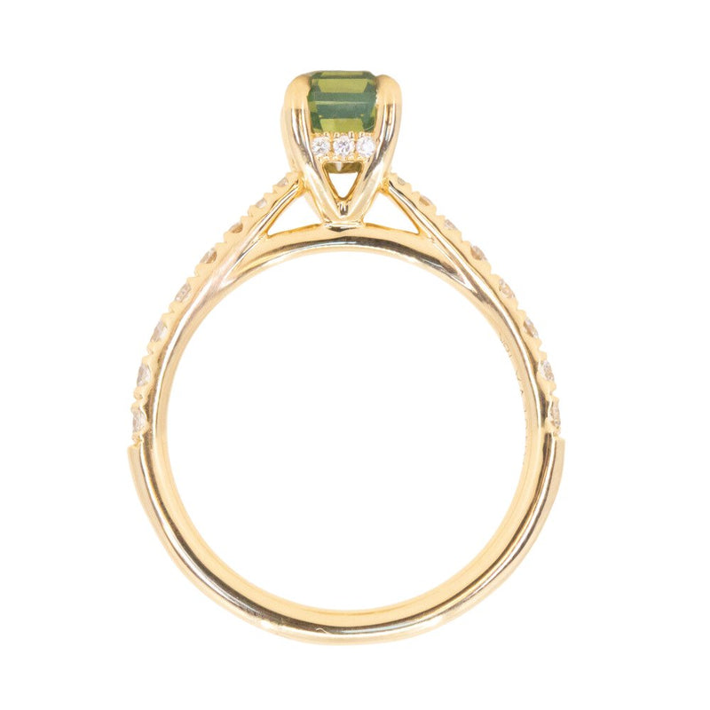 1.67ct Emerald Cut Green Opalescent Sapphire Hidden Halo Solitaire with French Set Diamonds in 18k Yellow Gold
