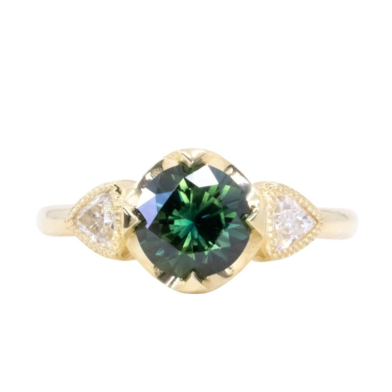 1.48ct Round Brilliant Green Australian Sapphire and Natural Trillion Diamond Antique Compass Set Low Profile Ring in 18k Yellow Gold