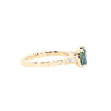 1.74ct Fancy Elongated Cushion Parti Teal Blue Montana Sapphire and Diamond Vintage Cathedral 4 Prong Solitaire in 14k Yellow