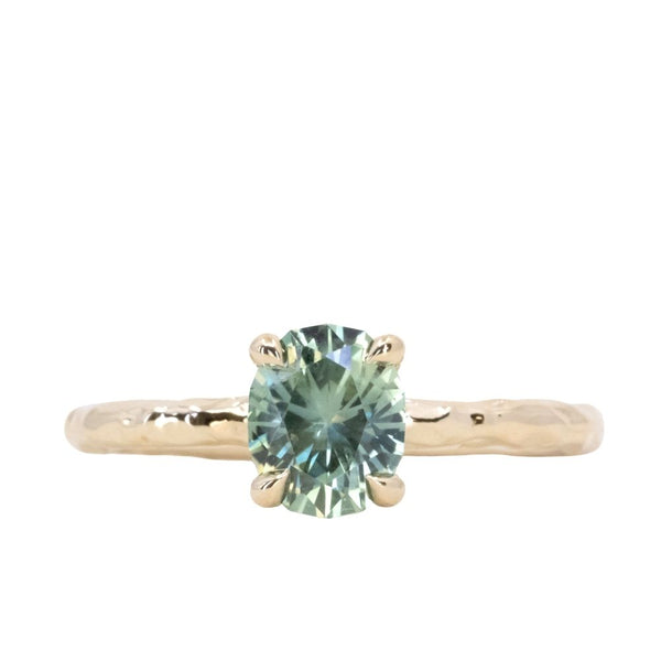 1.23ct Oval Seafoam Green Montana Sapphire Evergreen Carved 4 Prong Solitaire in 14k Yellow Gold