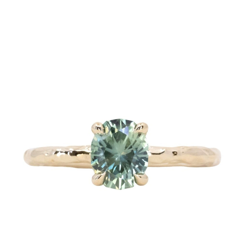 1.23ct Oval Seafoam Green Montana Sapphire Evergreen Carved 4 Prong Solitaire in 14k Yellow Gold