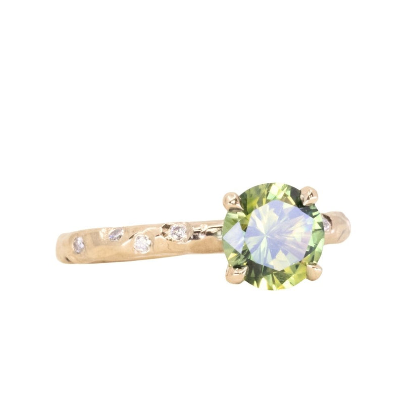 1.56ct Round Parti Australian Sapphire 4 Prong Evergreen Solitaire with Scattered Embedded Diamonds in 14k Yellow Gold