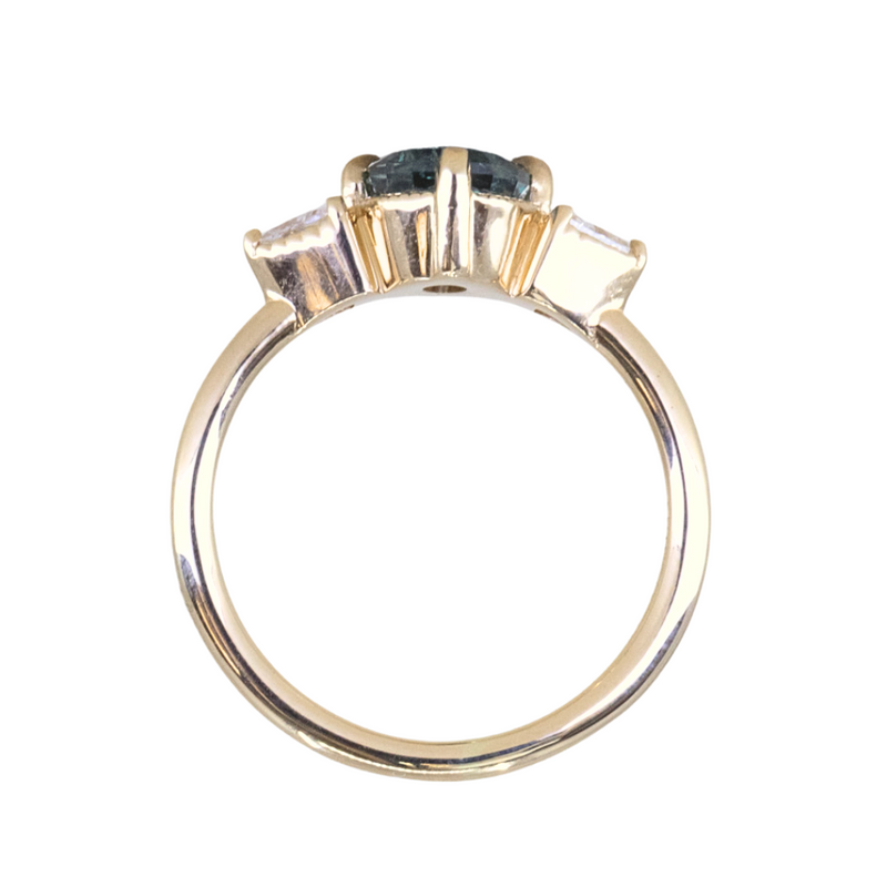 2.07ct Untreated Fantasy Cut Montana Sapphire and Diamond  Antique Milgrain Three Stone Low Profile Ring in 14k Yellow Gold