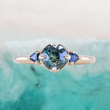 1.21ct Tanzanian Earthy Sapphire and Trillion Blue Sapphire Low Profile Ring in 14k Yellow Gold