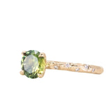 1.56ct Round Parti Australian Sapphire 4 Prong Evergreen Solitaire with Scattered Embedded Diamonds in 14k Yellow Gold