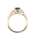1.65ct Round Untreated Precision Cut Montana Sapphire and Natural Pear Diamond Three Stone Low Profile Ring in 18k Yellow Gold