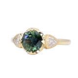 1.48ct Round Brilliant Green Australian Sapphire and Natural Trillion Diamond Antique Compass Set Low Profile Ring in 18k Yellow Gold