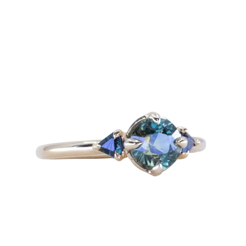 1.21ct Tanzanian Earthy Sapphire and Trillion Blue Sapphire Low Profile Ring in 14k Yellow Gold