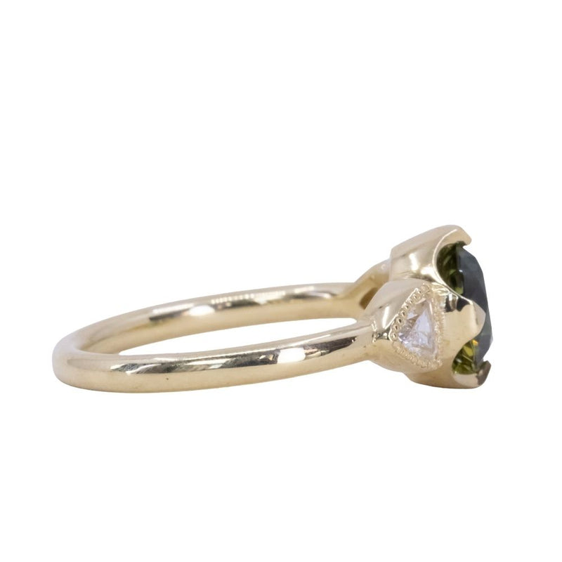 1.48ct Round Brilliant Green Australian Sapphire and Natural Trillion Diamond Antique Compass Set Low Profile Ring in 18k Yellow Gold