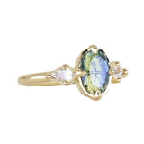 1.45ct Parti Australian Fantasy Cut Sapphire and White Australian Kite Sapphire Antique Milgrain Three Stone Low Profile Ring in 18k Yellow Gold