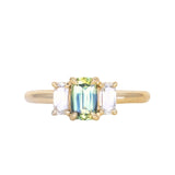 0.87ct Modern Elongated Cushion Australian Sapphire and Matching Diamond Three Stone Low Profile Ring in 18k Yellow Gold