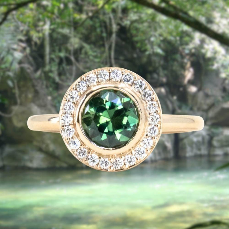 1.29ct Round Untreated Songean Green Sapphire Bezel Set Diamond Halo Ring in 14k Yellow Gold