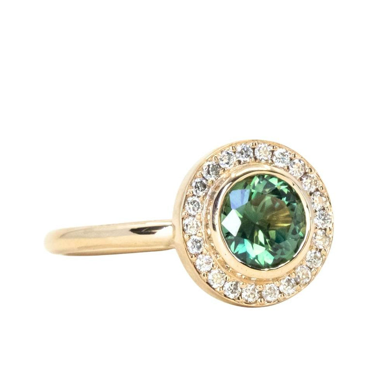 1.29ct Round Untreated Songean Green Sapphire Bezel Set Diamond Halo Ring in 14k Yellow Gold