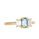 0.87ct Modern Elongated Cushion Australian Sapphire and Matching Diamond Three Stone Low Profile Ring in 18k Yellow Gold