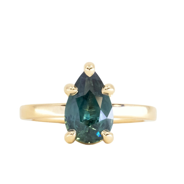 2.01ct Teal Pear Madagascar Sapphire Flat Band 5 Prong Solitaire in 18k Yellow Gold