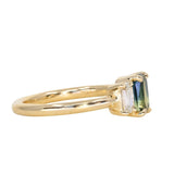 0.87ct Modern Elongated Cushion Australian Sapphire and Matching Diamond Three Stone Low Profile Ring in 18k Yellow Gold