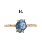 Rough Montana Sapphire Dainty Evergreen Prong Set Rings in 14k White, Yellow and Rose Gold