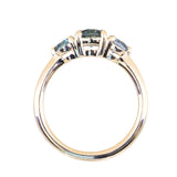 0.75ct Round Unheated Teal Blue Color Shifting Montana Sapphire and Montana Sapphire Side Three Stone Ring in 14k Yellow Gold