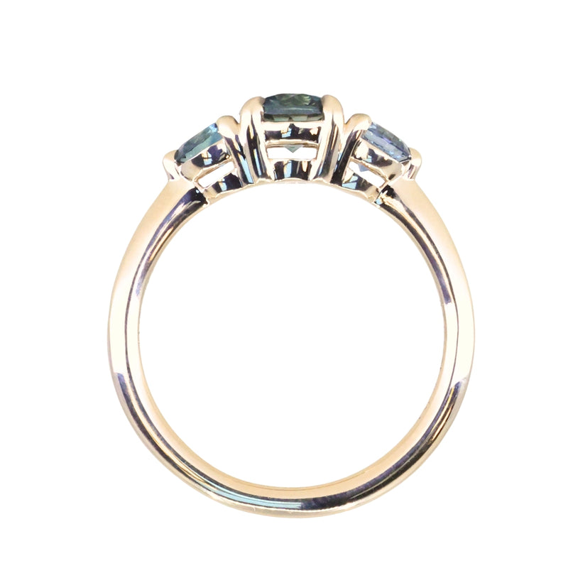 0.75ct Round Unheated Teal Blue Color Shifting Montana Sapphire and Montana Sapphire Side Three Stone Ring in 14k Yellow Gold