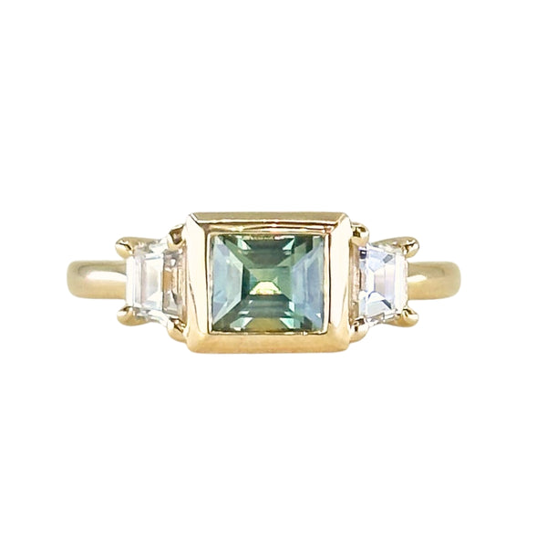 1.06ct Unheated Step Cut Teal Bezel Set Sapphire and White Cadillac Prong Set Sapphire Low Profile Three Stone Ring in 14k Yellow Gold