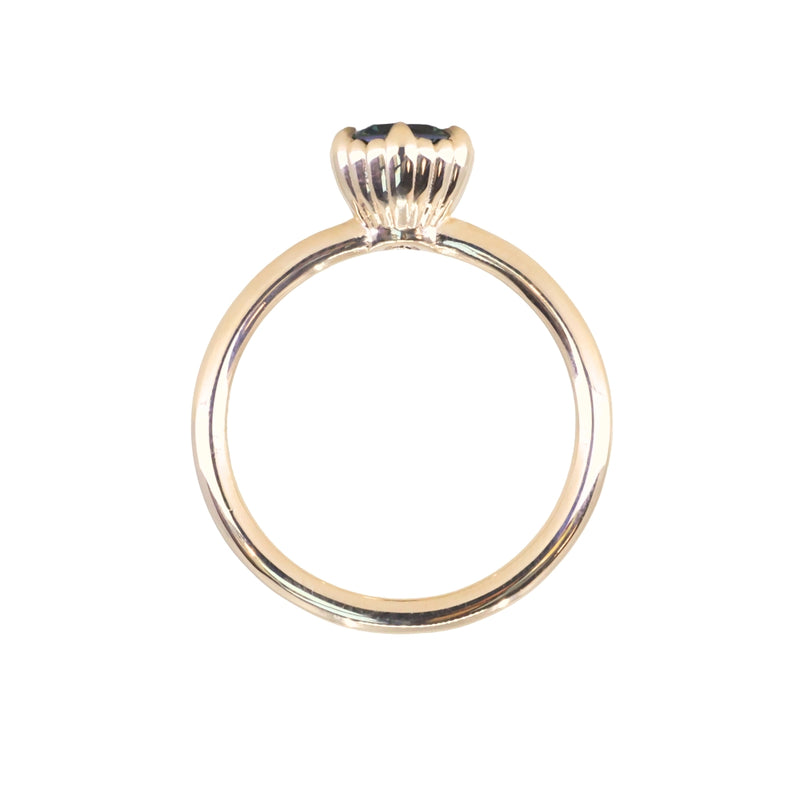 0.97ct Round Madagascar Teal Sapphire Low Profile Scallop Cup Solitaire in 14k Yellow Gold