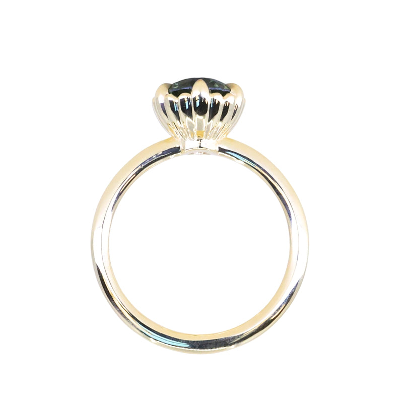 1.93ct Oval Silky Teal Montana Sapphire Scallop Cup Solitaire in 18k Yellow Gold