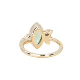 1.82ct Green Untreated Montana Marquise Sapphire in Wandering Vine Low Profile Bezel Setting with Pear Diamond in 14k Yellow Gold