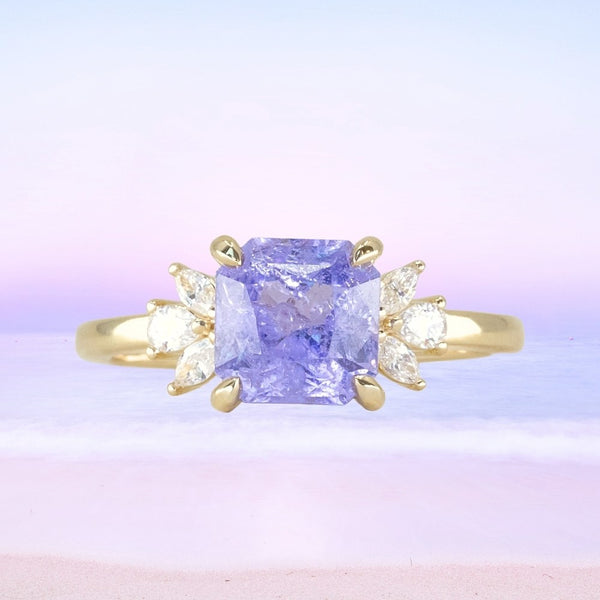 2.45ct Lavender Square Radiant Sapphire and Lab Grown Marquise Diamond Cluster Ring in 14k Yellow Gold