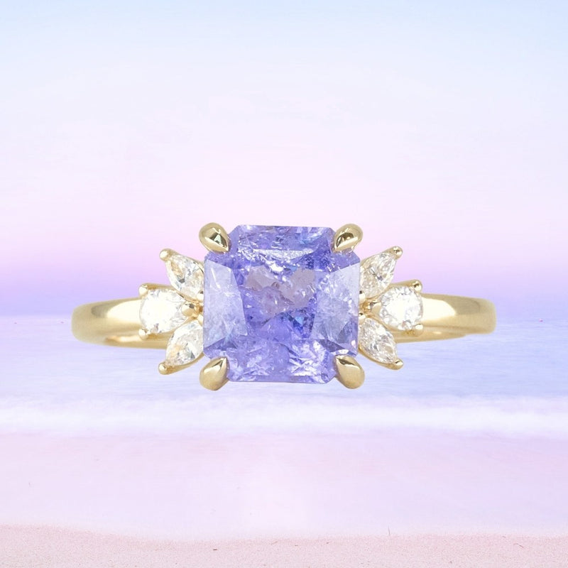 2.45ct Lavender Square Radiant Sapphire and Lab Grown Marquise Diamond Cluster Ring in 14k Yellow Gold