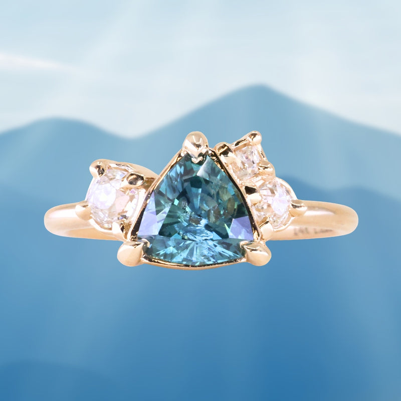 1.23ct Teal Montana Sapphire and Genuine Antique Diamond Mountainscape Ring in 14k Yellow Gold