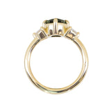 1.70ct Green Kenyan Fantasy Cut Sapphire and Diamond Antique Milgrain Three Stone Low Profile Ring in 18k Yellow Gold