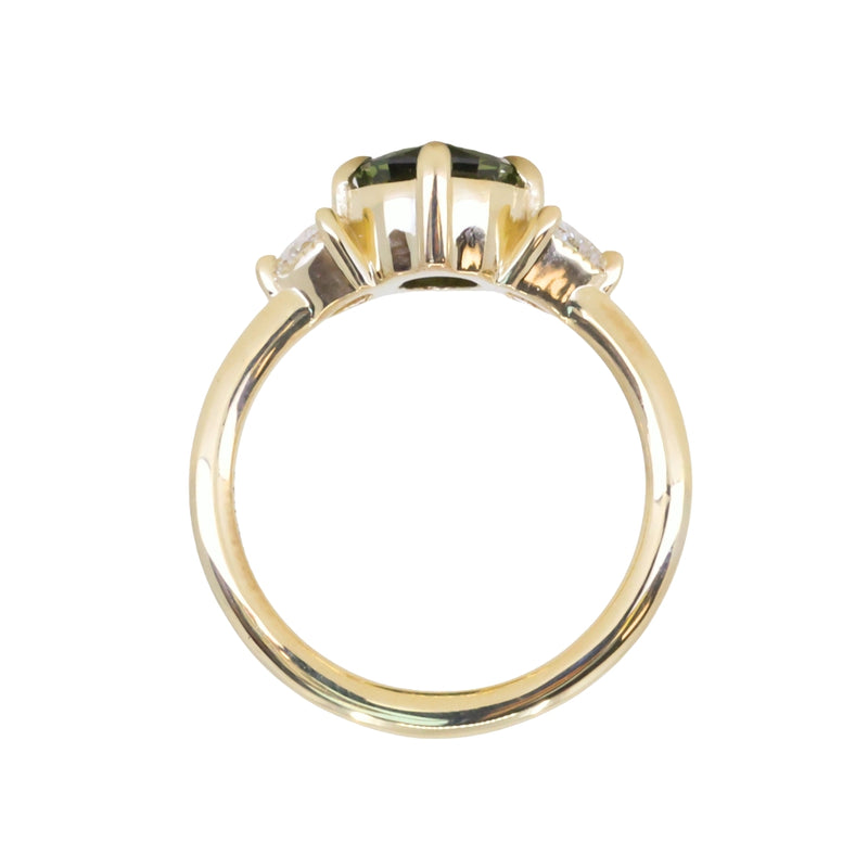 1.70ct Green Kenyan Fantasy Cut Sapphire and Diamond Antique Milgrain Three Stone Low Profile Ring in 18k Yellow Gold