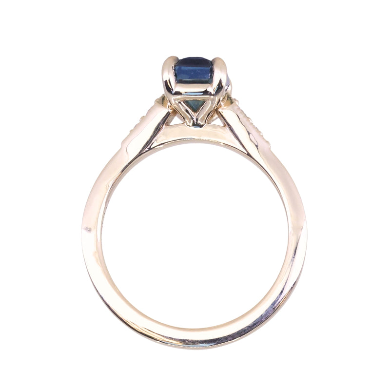 2.16ct Emerald Cut Blue Madagascar Sapphire and Diamond Vintage Cathedral Four Prong Ring in 14k Yellow Gold