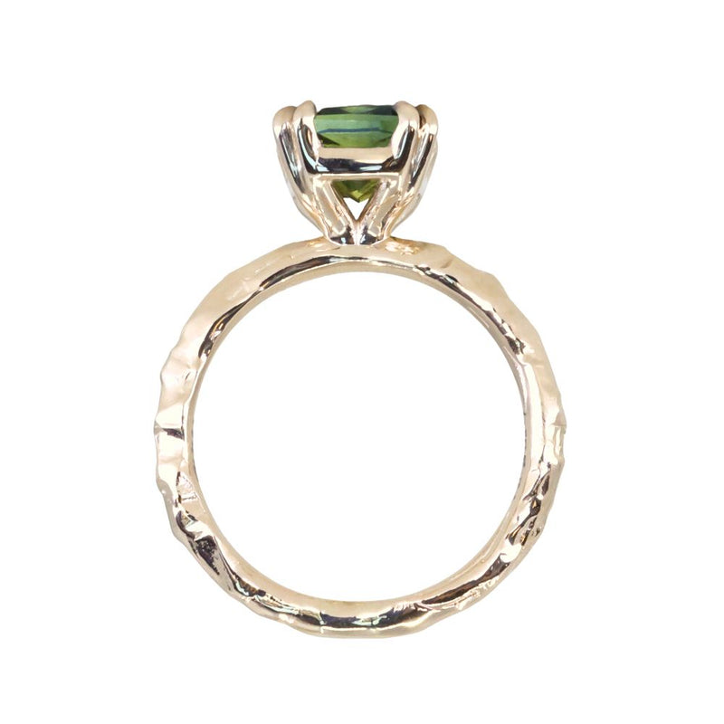 3.01ct Madagascar Parti Radiant Cut Sapphire Double Prong Evergreen Carved Stackable Solitaire in 14k Yellow Gold