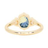 1.20ct Untreated Oval Parti Australian Fantasy Cut Sapphire and Natural Trillion Diamond Antique Milgrain Three Stone Low Profile Ring in 14k Yellow Gold