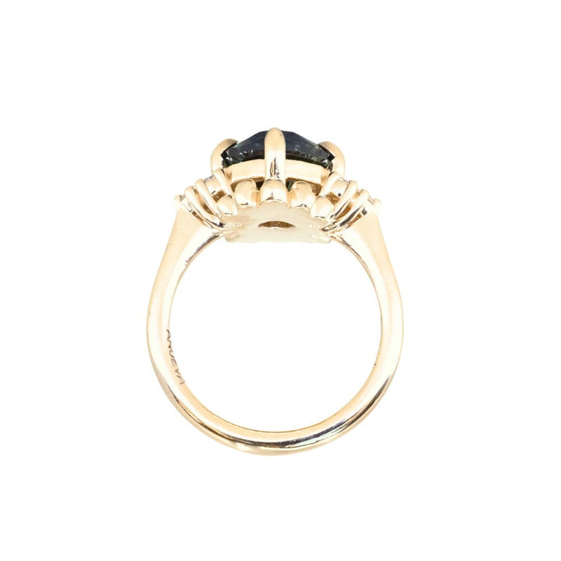 3.10ct Cushion Cut Untreated Umba Teal Green Sapphire Scalloped Diamond Cluster Ring in 14k Yellow Gold